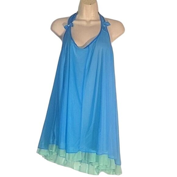 Betsey Johnson Blue & Green Sheer Ruffled Nightgown Halter Style M‎ - Picture 1 of 5